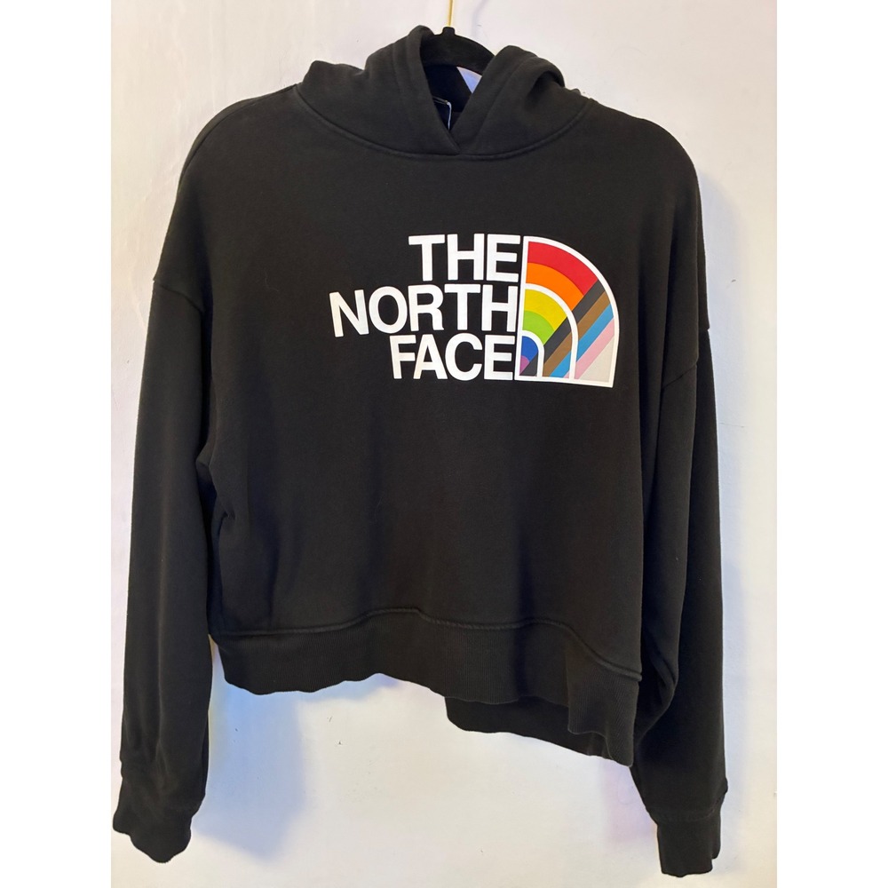The North Face Womens Pride Hoodie Black Rainbow Logo Cropped Sweatshirt Large